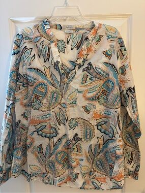 Van Heusen White Paisley-Print Long-Sleeve Shirt with Blue and Orange Accents